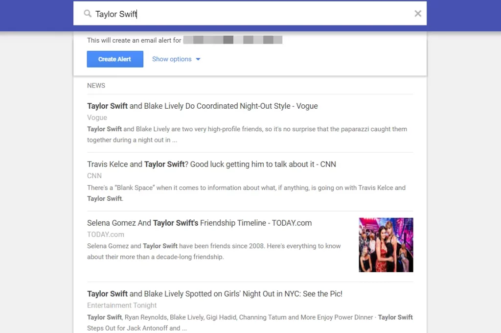 google alert pr tool set for taylor swift search