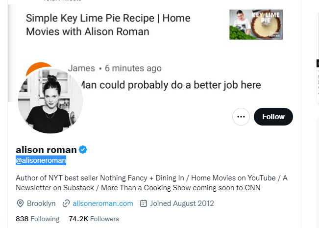 Alison Roman Twitter Profile Screenshot