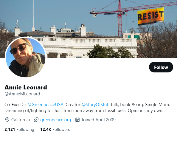 Annie Leonard Twitter Profile Screenshot