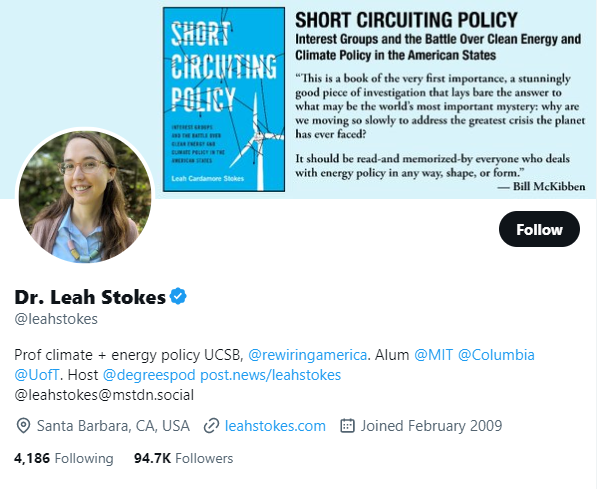 Leah Stokes Twitter Profile Screenshot