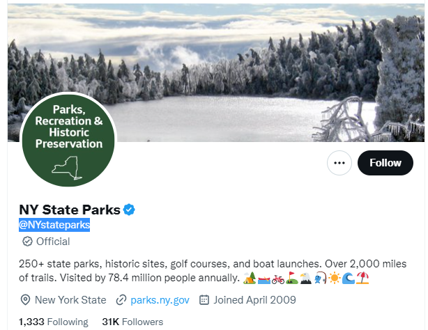 NY State Parks Twitter Profile Screenshot