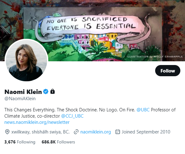Naomi Klein Twitter Profile Screenshot