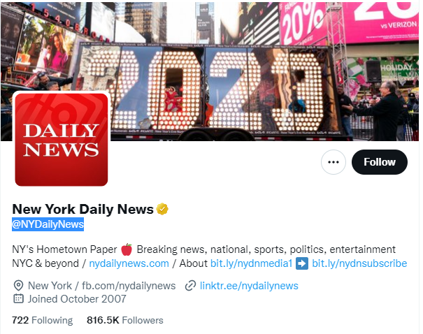 New York Daily News Twitter Profile Screenshot