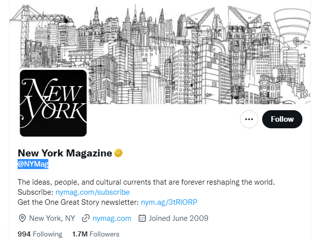New York Magazine Twitter Profile Screenshot