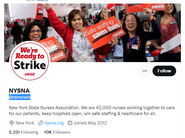 New York State Nurses Association Twitter Profile Screenshot