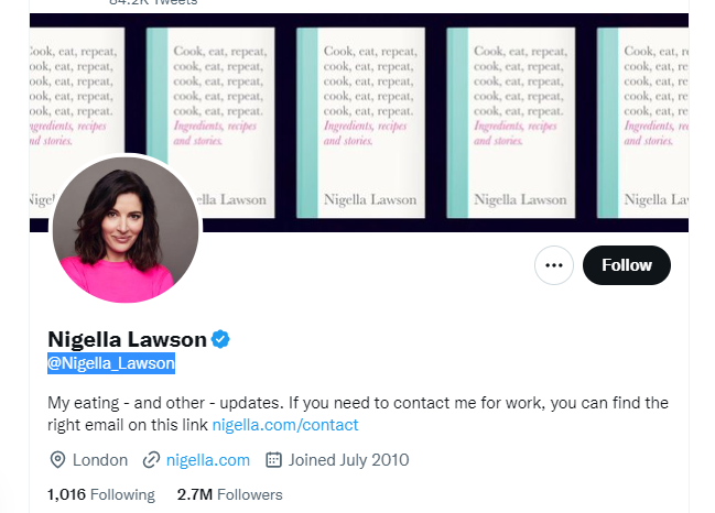Nigella Lawson Twitter Profile Screenshot