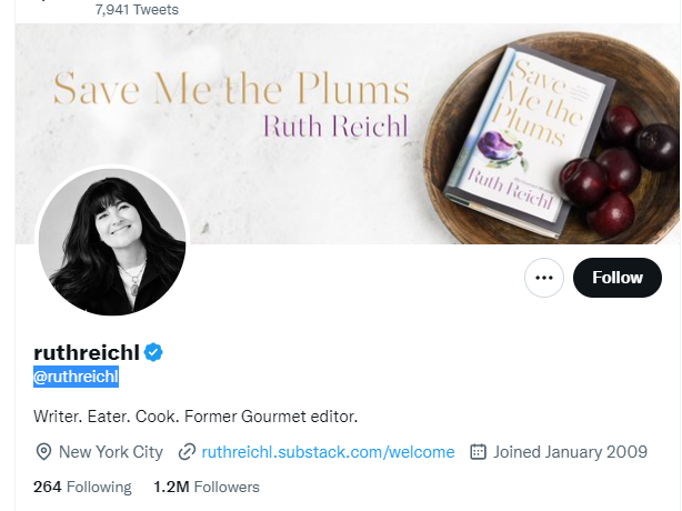 Ruth Reichl Twitter Profile Screenshot