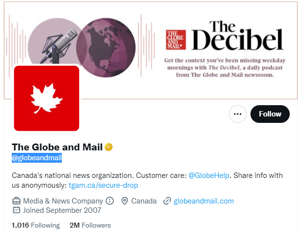The Globe and Mail Twitter Profile Screenshot