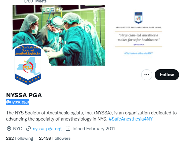 The New York State Society of Anesthesiologists Twitter Profile Screenshot