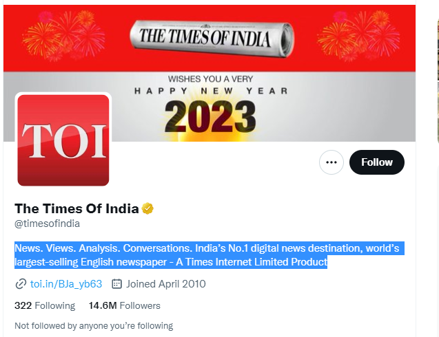 The Times of India Twitter Profile Screenshot