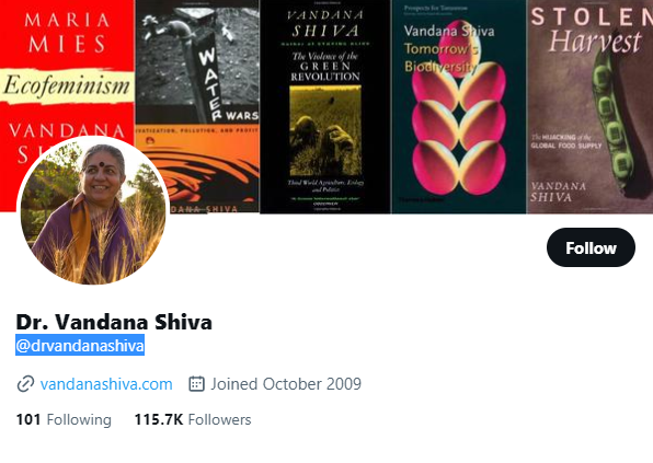 Vandana Shiva Twitter Profile Screenshot