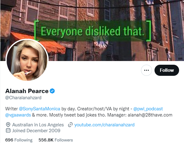 alanah pearce twitter profile screenshot