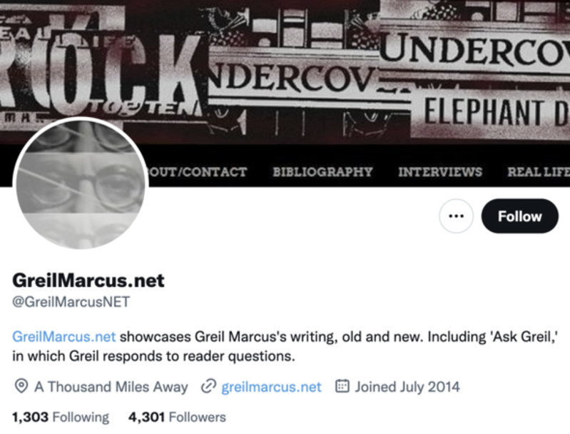 greil marcus twitter profile screenshot