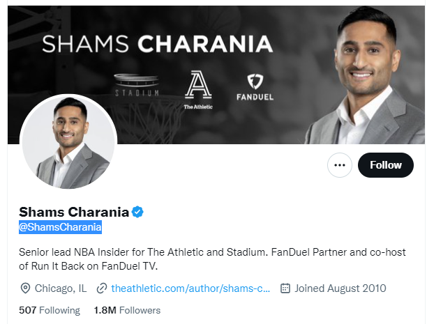 shams charania twitter profile screenshot