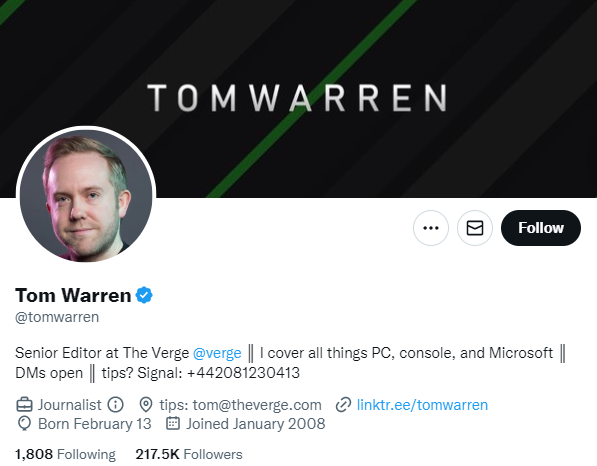 tom warren twitter profile screenshot
