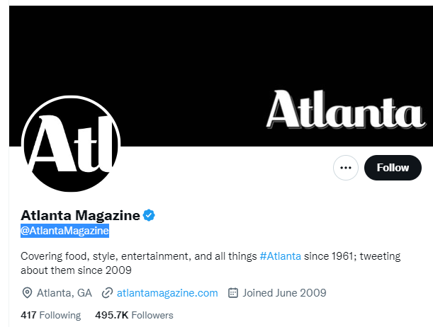 Atlanta Magazine Twitter Profile Screenshot