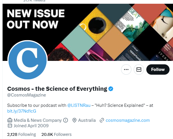 Cosmos - the Science of Everything twitter profile screenshot