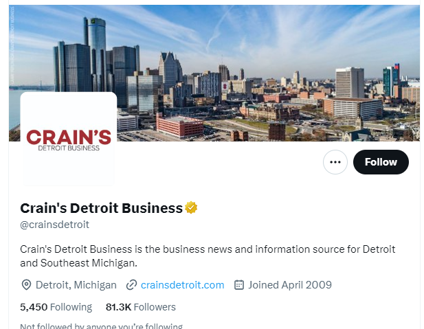 Crain's Detroit Business twitter profile screenshot