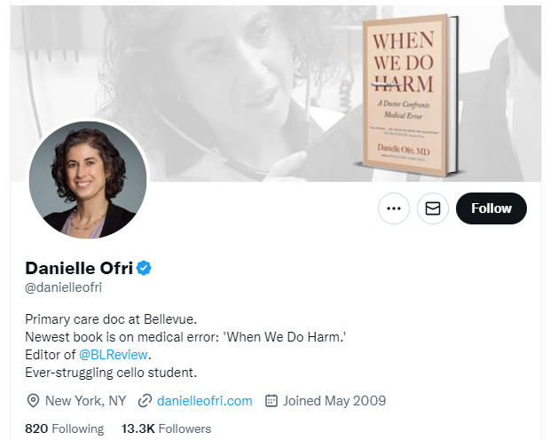 Danielle Ofri twitter profile screenshot