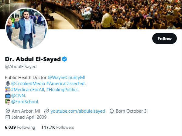 Dr. Abdul El-Sayed twitter profile screenshot