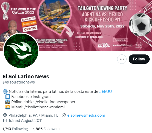 El Sol Latino News twitter profile screenshot
