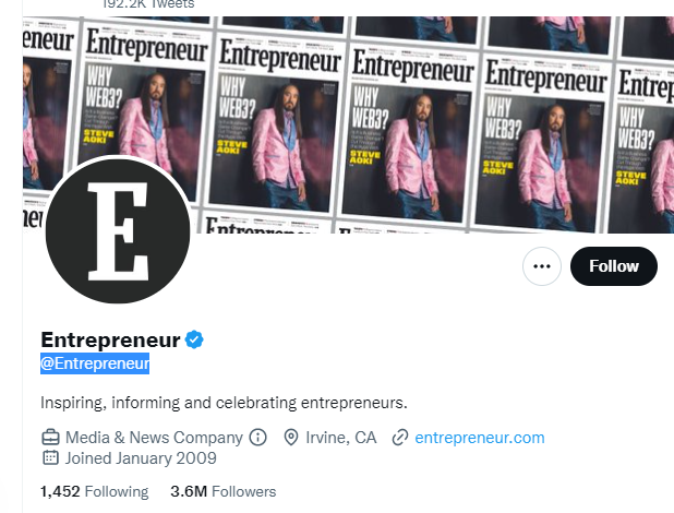 Entrepreneur Twitter Profile Screenshot.