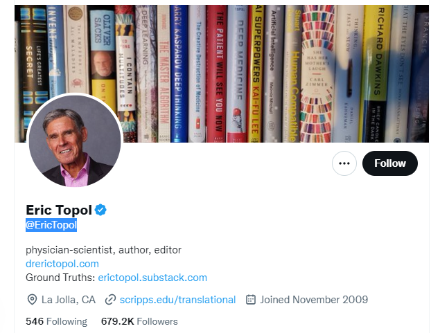 Eric Topol twitter profile screenshot
