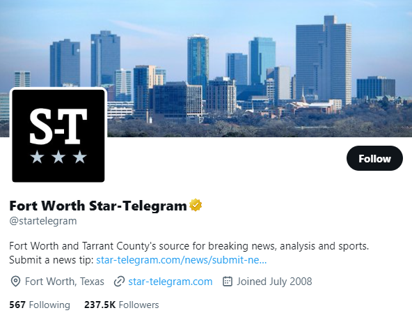 Fort Worth Star-Telegram twitter profile screenshot