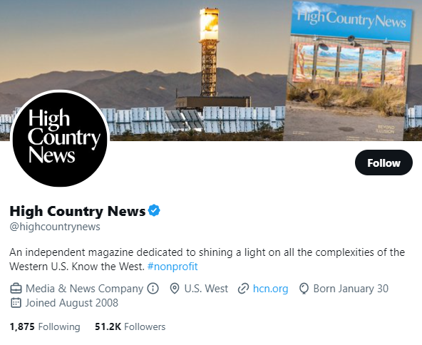 High Country News twitter profile screenshot