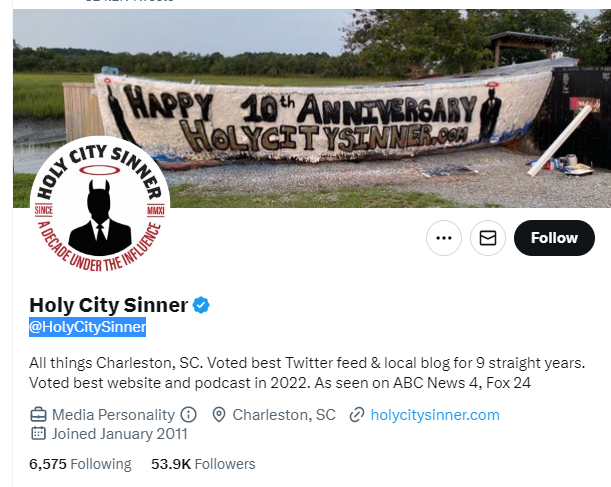 Holy City Sinner twitter profile screenshot