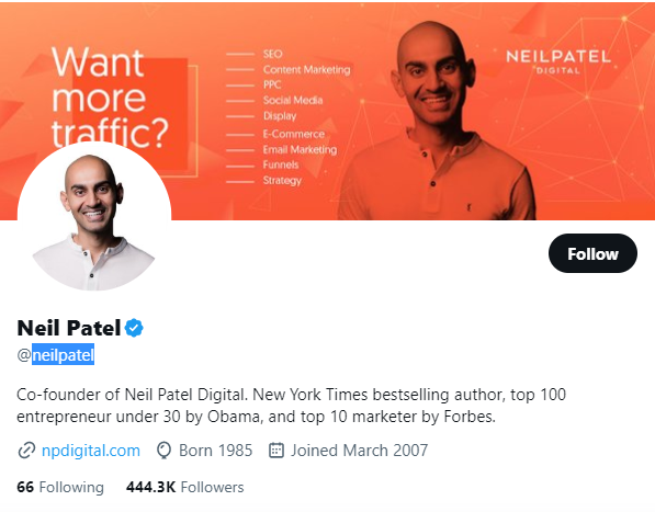Neil Patel twitter profile screenshot
