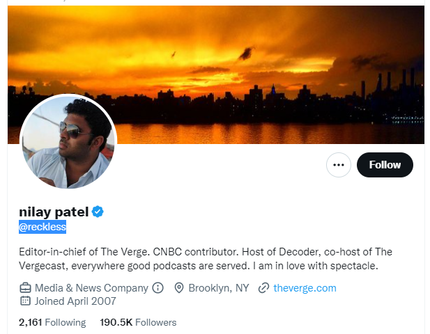 Nilay Patel Twitter Profile Screenshot