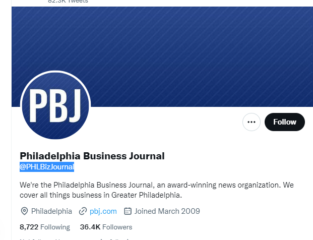Philadelphia Business Journal twitter profile screenshot