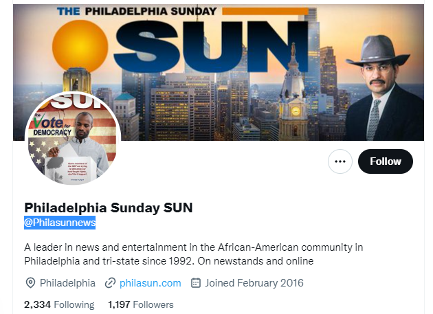 Philadelphia Sunday SUN twitter profile screenshot