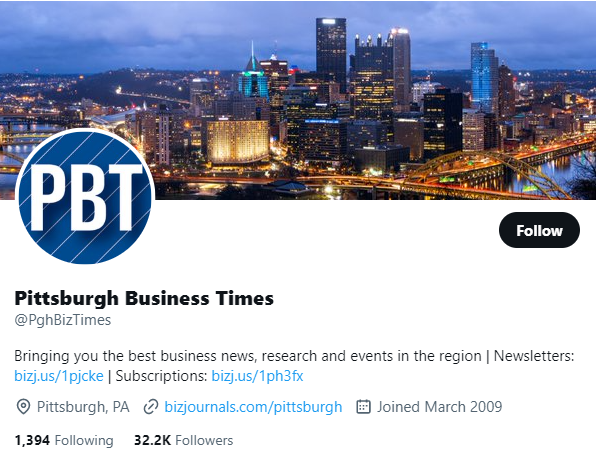Pittsburgh Business Times twitter profile screenshot