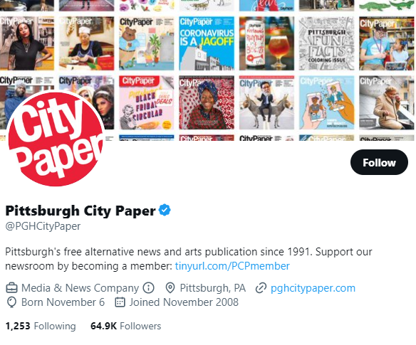 Pittsburgh City Paper twitter profile screenshot
