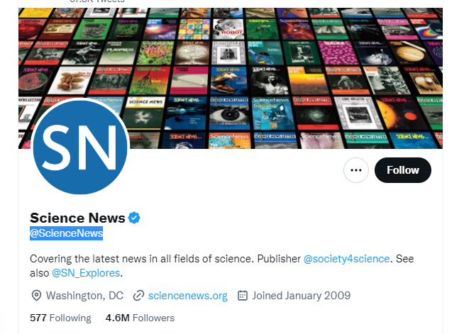 Science News Twitter profile screenshot
