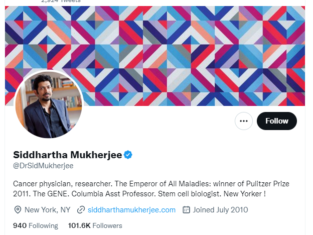 Siddhartha Mukherjee twitter profile screenshot
