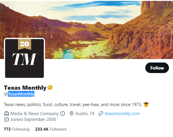 Texas Monthly twitter profile screenshot