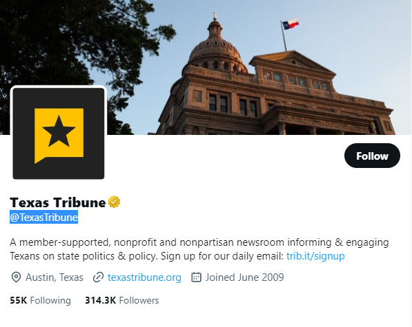 Texas Tribune twitter profile screenshot