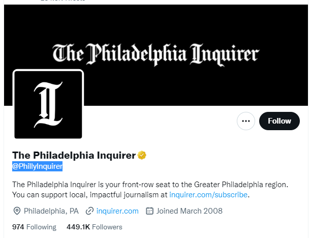 The Philadelphia Inquirer Twitter Profile Screenshot.