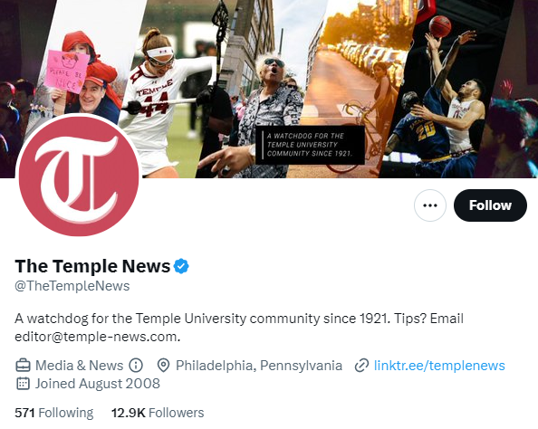 The Temple News twitter profile screenshot