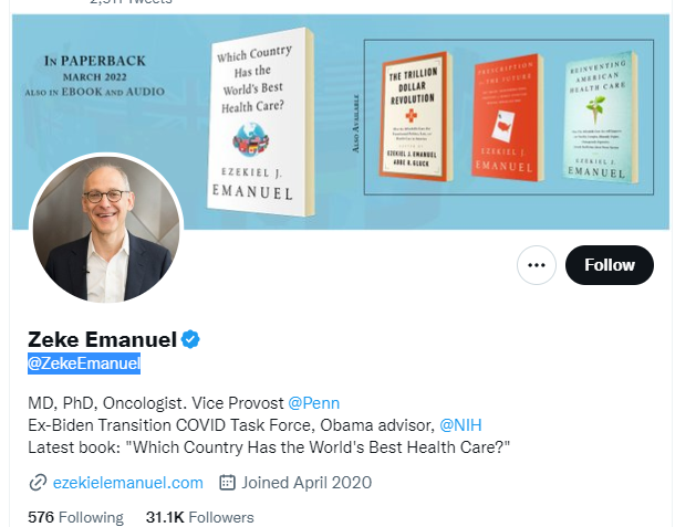 Zeke Emanuel twitter profile screenshot