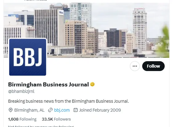 Birmingham Business Journal twitter profile screenshot