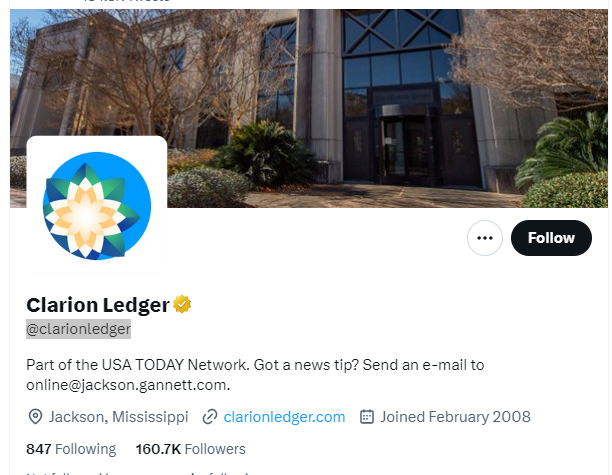 Clarion Ledger twitter profile screenshot