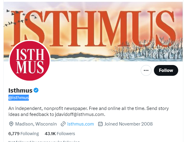 Isthmus twitter profile screenshot