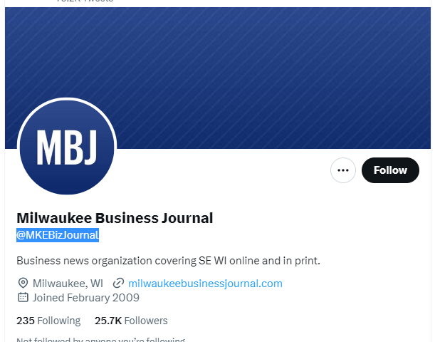 Milwaukee Business Journal twitter profile screenshot