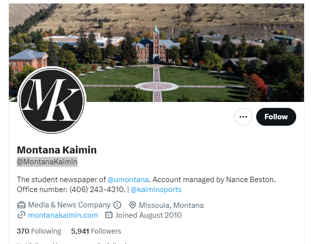 Montana Kaimin twitter profile screenshot
