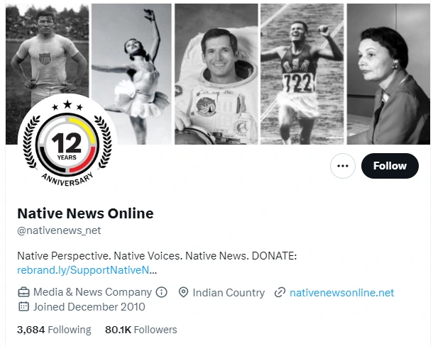 Native News Online twitter profile screenshot