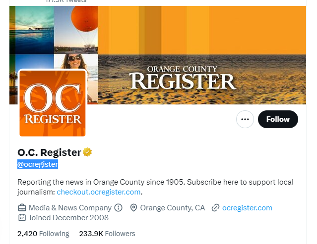 O.C. Register twitter proffile screenshot